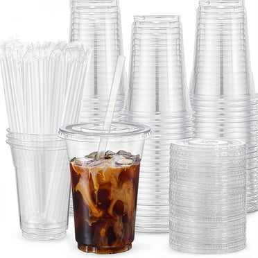 100-Pack 360ml Disposable PET Plastic Cold Drink Cups | Clear Leak-Proof Lids & Straws Included | Commercial Bubble Tea Iced Coffee Fruit Lemon Tea Cups | 9.8x9.8x10.6cm