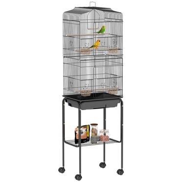 PawHut 62" Bird Cage Budgie Cage with Wheels, Detachable Stand, Storage, Black