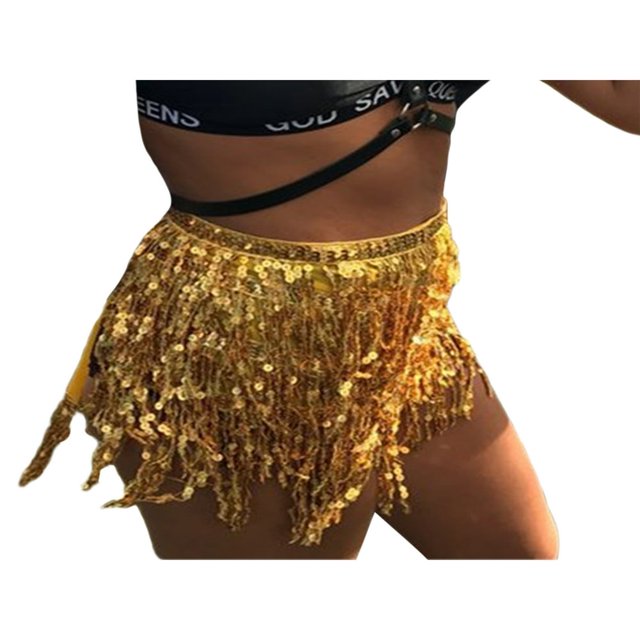 Women Belly Skirt Sequined Fringe Mini skirt with Adjustable Waist Straps for Dance Performance Rave Party