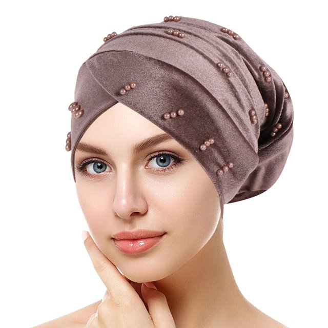 Womens Large Elastic Solid Color Comfortable Flat Hat Pearl Cap Nail Bead Pile Cap