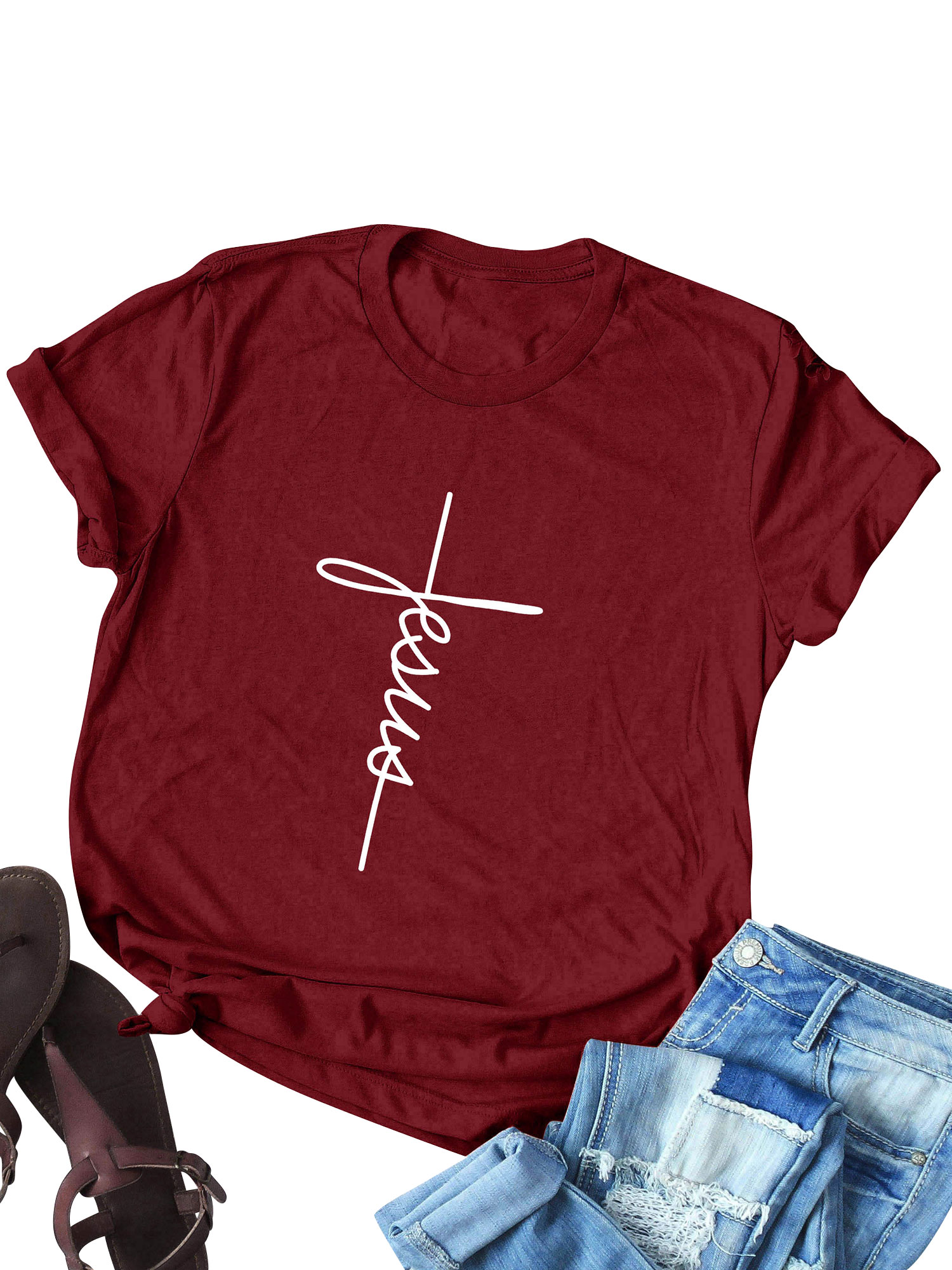 Women's Short Sleeve Jesus Letter Print Christian Tee Tops