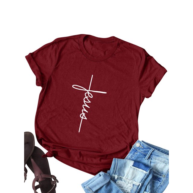Women's Short Sleeve Jesus Letter Print Christian Tee Tops