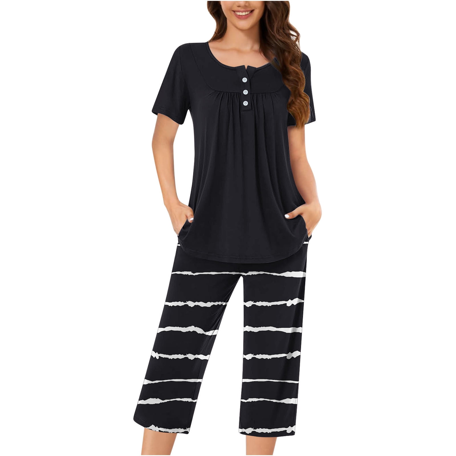 Rbaofujie Pyjama d'Allaitement pour Femmes, Décontracté, Col Rond, Manches Courtes, Blouse, Pantalon Mode, Ensemble de Pyjama, Grande Taille, Chemises de Nuit pour Femmes