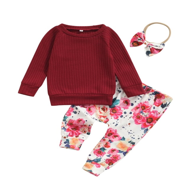 Baby Girls Spring Fall Clothes Set Solid Color Long Sleeve O-neck Tops Floral Print Trousers Bow-knot Headband