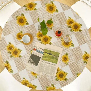 POINTERTECK Nappe Ronde Ajustée en Vinyle pour Patio Intérieur Extérieur, Endos en Flanelle, Bord Élastique, Nappe en Plastique Imperméable, Motif Tournesols pour Table 6 Places de 45-56 Pieds' de Diamètre
