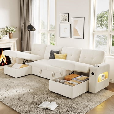 Modular Sofa with Storage, 107" Sleeper Sofa Bed Sectional Cloud Couch, U-Shaped Velvet Fabric Couch with USB Charging & Cup Holder for Living Room, Apartment, Office, Beige