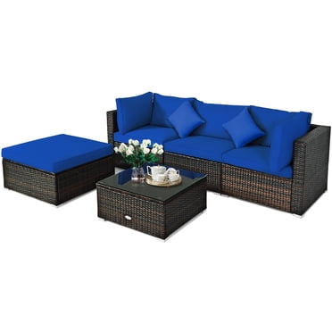 Patiojoy 5-Piece Outdoor Patio Sectional Rattan Sofa Set with Soft Back and Seat Cushion Navy