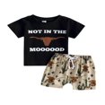 thumbnail image 1 of Kid Boy Pants Suit  Short Sleeve  Neck Letters Print Tops + Drawstring Short Pants  Black 18-24 Months, 1 of 8