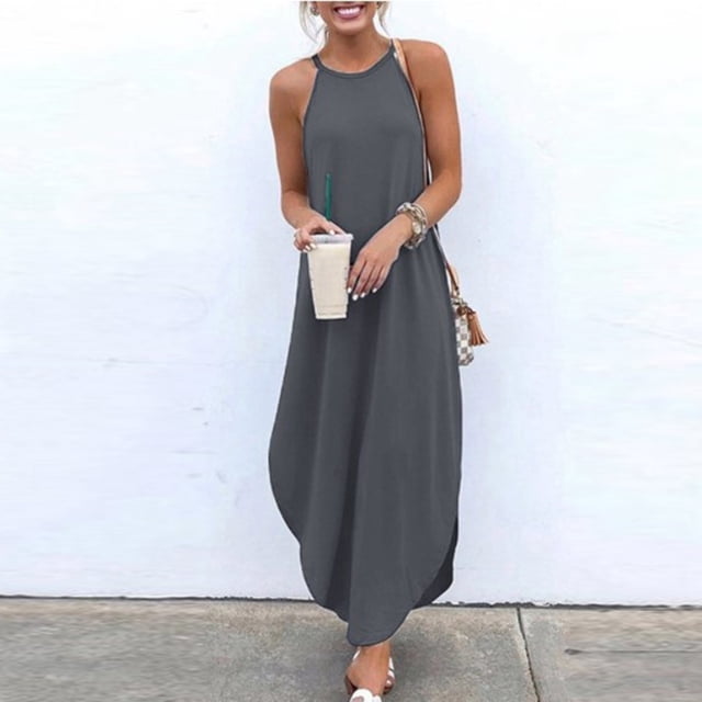 Pisexur Robe d'Été pour Femme Ample Unie en Coton et Lin, Robe Chemise Sans Manches à Col Licou avec Volants Superposés, Robe Maxi Bohème Décontractée et Fluide en Gris. Fabriquée en Tissu Léger en Coton et Lin, Cette Robe Sans Manches à Col Licou avec Volants Superposés et Longueur Maxi Fluide, Offrant une Coupe Confortable pour les occasions Décontractées, le Port Quotidien Ou des looks d'Inspiration Bohème.