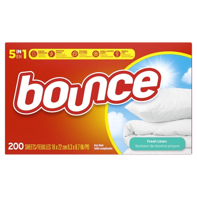 Bounce Fabric Softener Dryer Sheets, Fresh Linen scent, 200 count box with red and yellow packaging showing white linens and pillow, highlighting 5-in-1 benefits: fights wrinkles, reduces static, softens fabrics, long-lasting fresh linen scent, and repels lint, sized 16 x 22 cm (6.3 x 8.7 in), suitable for all dryer types.