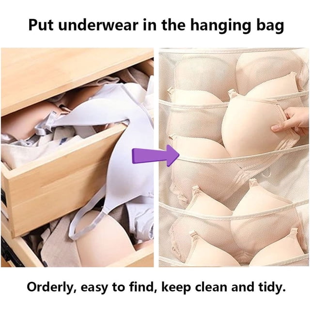Organisateur de Soutien-Gorge Suspendu pour Placard Sac de Rangement en Maille avec Cintre en Métal Solution de Rangement pour sous-Vêtements Chaussettes