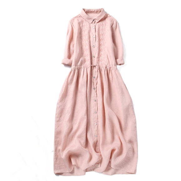 Daiosportswear Women'S 100% Linen Summer Casual Loose Button Down Midi Shirt Dresses, Short-Sleeved Dress for Women Pink M(M)