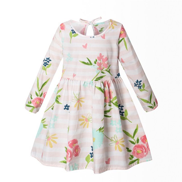 Qudderr Robes Imprimées pour Petites Filles 6M-6T Enfants Bébé Coton Manches Longues Robe Décontractée Nouveau-Né Printemps Automne Col Rond Robe d'Été pour Filles