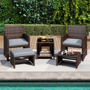 Costway 5PCS Patio Rattan Wicker Furniture Set Sofa Ottoman Cushion Gray