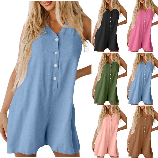 Liquidation à 90 pour Cent de Rabais! QATAINLAV Combinaison en Lin Décontractée et Chic pour Femme Été Sans Manches Débardeur à Boutons Jambe Grand Short Combinaisons Vêtements de Plage Vacances Rose P