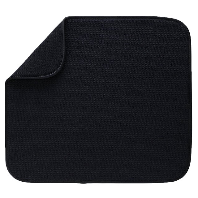 jifeng Drying Mat Microfiber Dish Drying Table Placemat Black Kitchen Pad 40.5x45.5cm. A black microfiber countertop mat with a textured surface, highly absorbent and fast drying. Ideal for drying glassware, silverware, pots, and pans. Compact, foldable, and machine washable for easy care.