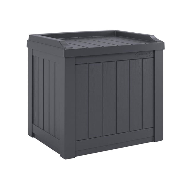 Suncast 22 gal Small Deck Box with Storage Seat in cyberspace color, durable resin construction with vertical panel design and reinforced lid for seating, suitable for indoor or outdoor storage of cushions, yard supplies, or seasonal items, easy to assemble and maintain.