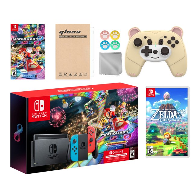 Nintendo Switch Mario Kart 8 Deluxe Bundle: Red/Blue Console, Mario Kart 8 & Membership, Legend of Zelda Link's Awakening, Mytrix Wireless Pro Controller Peary Yellow Bear and Accessories
