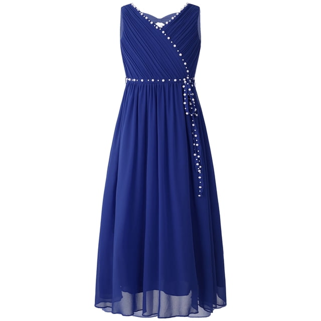 YUUMIN Robe de Fête Élégante en Mousseline Perlée pour Fille Sans Manches Froncée à Col en V Robe de Demoiselle d'Honneur Bleu 6