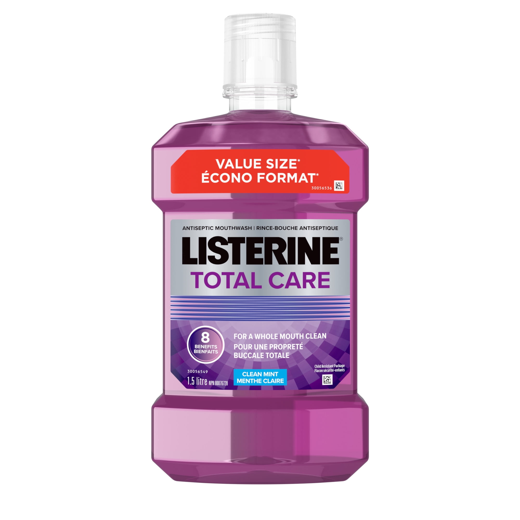 Rince-bouche antiseptique Listerine Total Care aux 8 bienfaits, élimine jusqu’à 99,9 % des germes, combat la plaque dentaire et la gingivite, validé par l’ADC, saveur menthe fraîche, 1,5 l (lot de 1)