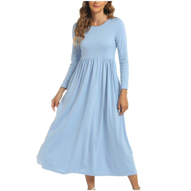 Penkiiy Robe à Manches Longues pour Femmes avec Poches, Col Rond, Couleur Unie, Ourlet Évasé Fluide, Robe Mi-Longue, P Bleu