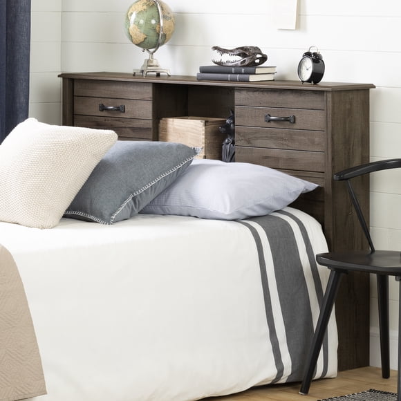 South Shore Asten Full Bookcase Headboard with Storage and Sliding Doors, in Fall Oak