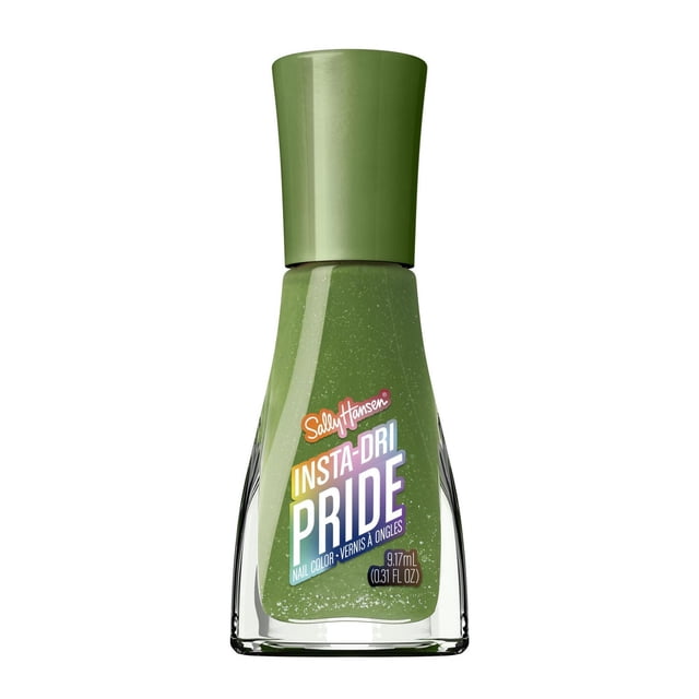 Insta-Dri X Pride Vernis à Ongles à Séchage Rapide Vert olive avec Léger Éclat, dans une Bouteille en Verre Clair Effilée avec Capuchon Vert Assorti, Étiqueté Sally Hansen 9,17 ml. Cette Couleur d'Ongles Longue Tenue, Sans Traces, Sèche Rapidement et Est Idéale pour l'Entretien des Ongles.