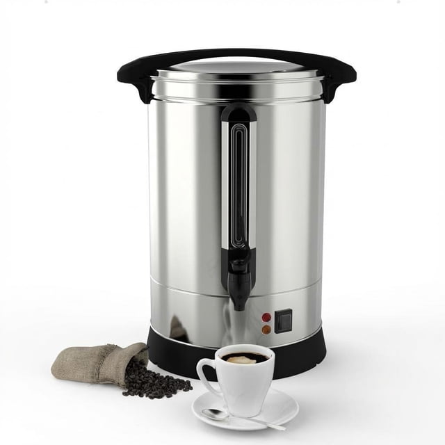 CazToi 100-Cup Commercial Coffee Urn 14L Fast Brew Stainless Steel Maker with Keep Warm Dripless Faucet. The urn is constructed from durable stainless steel, featuring a clear water level indicator, a dripless faucet for mess-free pouring, and a sturdy handle for easy transport. It brews up to 100–120 cups of coffee, ideal for catering, offices, or events. The image also shows a cup of coffee on a saucer and a burlap sack spilling coffee beans, highlighting its use in professional or large-group settings.