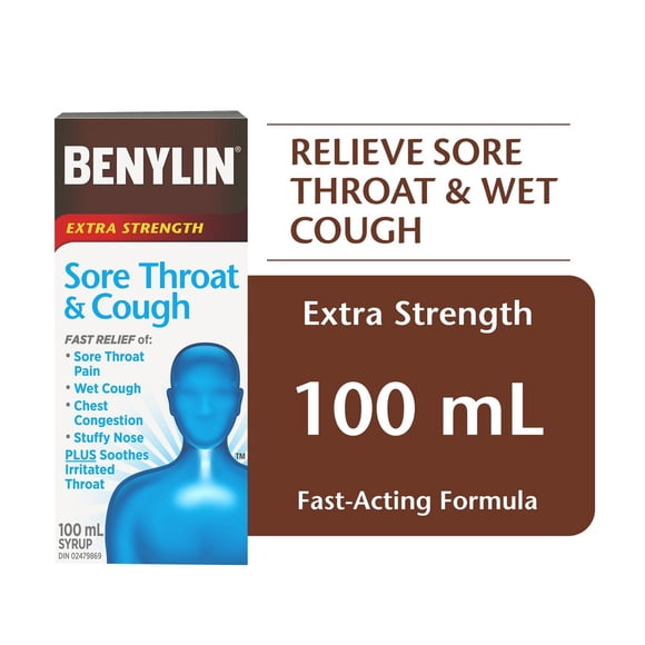 BENYLIN® Extra Strength Sore Throat & Cough Syrup, Relieves Sore Throat & Wet Cough, 100mL