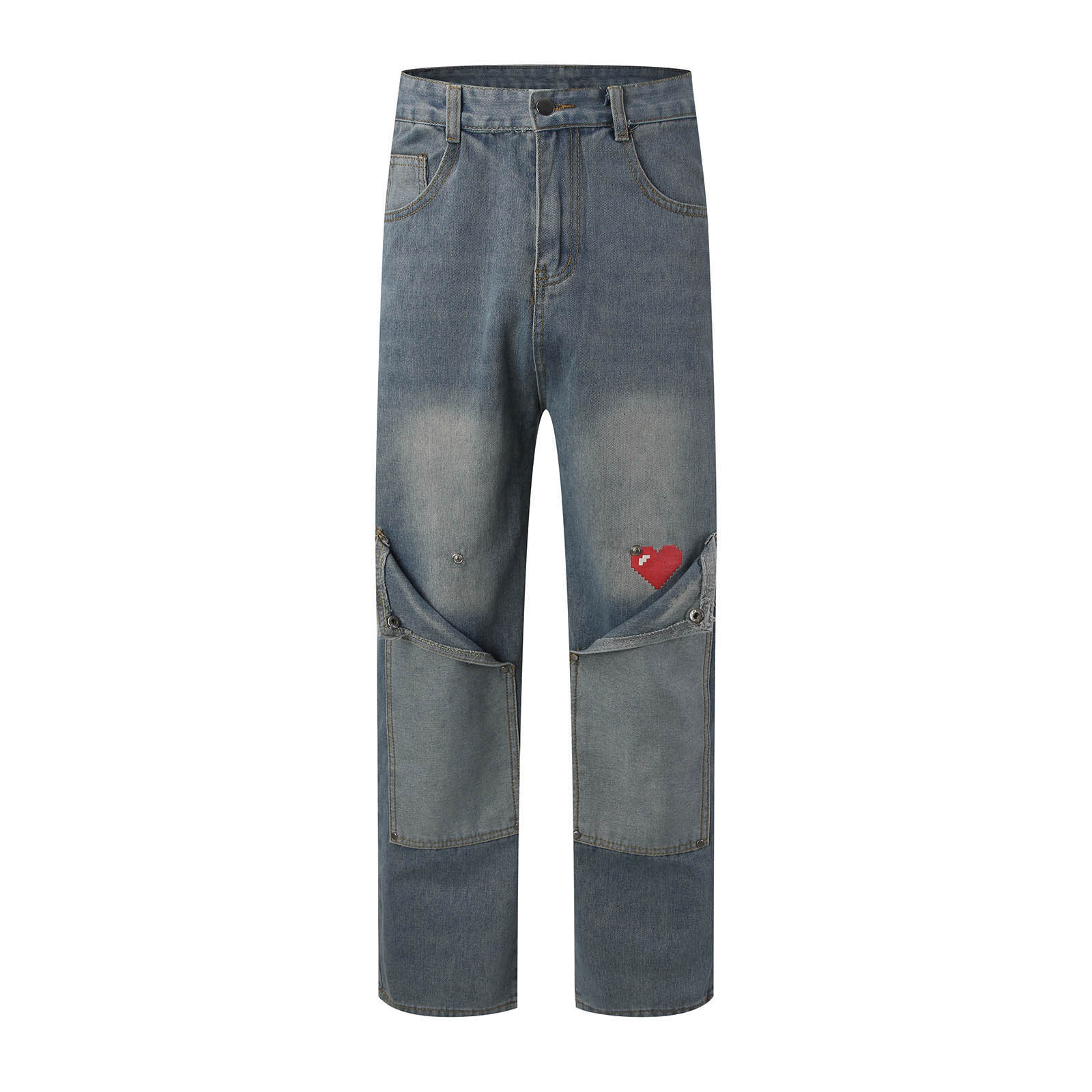 Ketyyh-chn99 Boot Cut Jeans Men 2024 Casual Pants Shorts Mens Fashion Casual Patch Love Straight Leg High Education Jeans Light Blue,L
