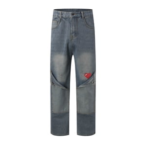 Ketyyh-chn99 Boot Cut Jeans Men 2024 Casual Pants Shorts Mens Fashion Casual Patch Love Straight Leg High Education Jeans Light Blue,L