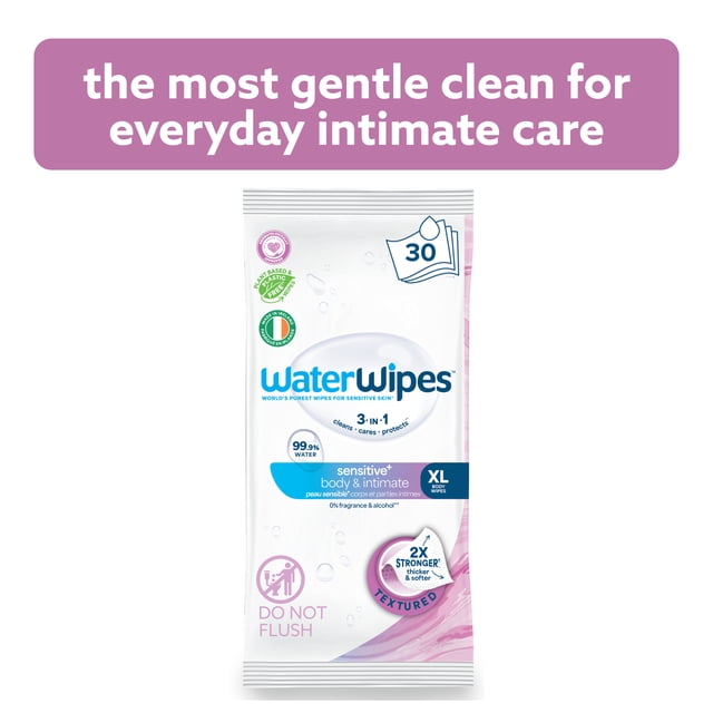 WaterWipes Sensitive Body & Intimate Wipes, 99.9% Water, Unscented & Hypoallergenic Hygiene Wet Wipes, Adult Care