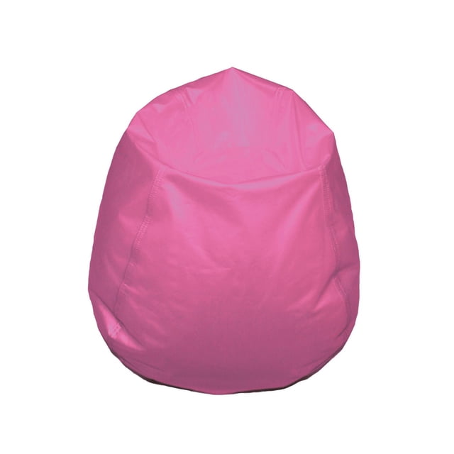 Boscoman Youth-Size Round Beanbag Chair in pink vinyl with a smooth, durable cover and visible seam stitching, filled with dust-free polystyrene beads, measuring 24 L x 24 W x 20 H inches, shown centered on a white background, ideal for kids' bean bag chairs in dorm rooms or play areas, also suitable for casual seating in game rooms.