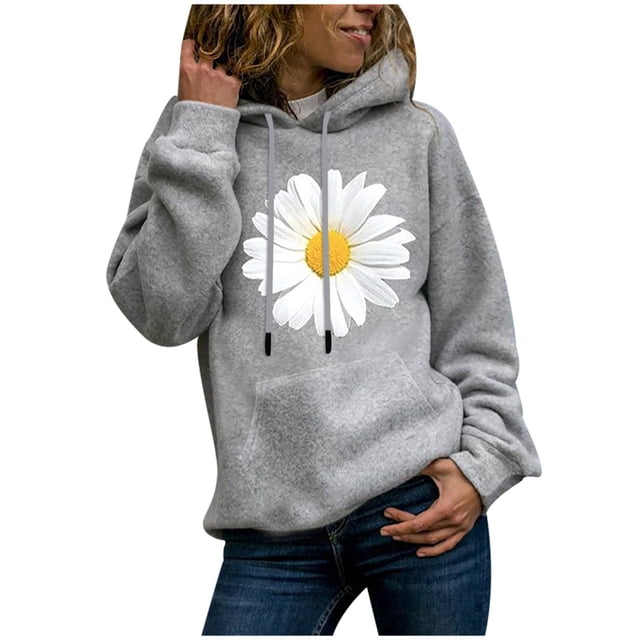 Penkiiy Chandails à Capuche pour Femmes Hiver Dames Chandail à Manches Longues Imprimé Col Rond Chandail à Capuche Gris Vêtements Y2K