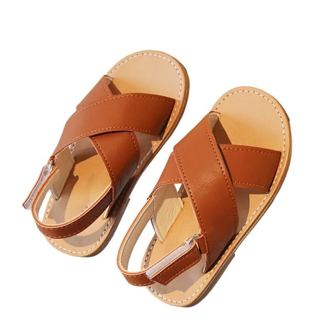 MIASHUI Girls Sandals Adjustable Strap Open Toe Flats Summer Walking Shoes,Brown,7-8 Years