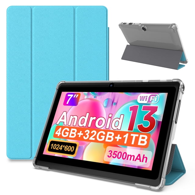FITIFUN Tablette Android 7 Pouces avec Étui, 4(2+2) Go RAM 32 Go ROM, Quadricœur, Écran HD, Wi-Fi, Double Caméra, Bleu