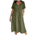 thumbnail image 1 of Cameland Mode Femme Été Décontractée Col en V Uni Manches Courtes Bouton Poche Robe en Coton et Lin, 1 of 9