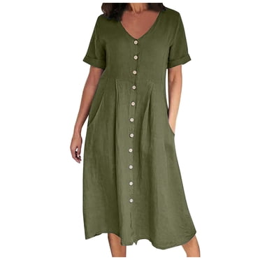 biudgviw Robe pour Femme Grande Taille en Coton et Lin à Manches Courtes, Col en V, Chemise Boutonnée, Robes d'Été Décontractées, Robe Midi