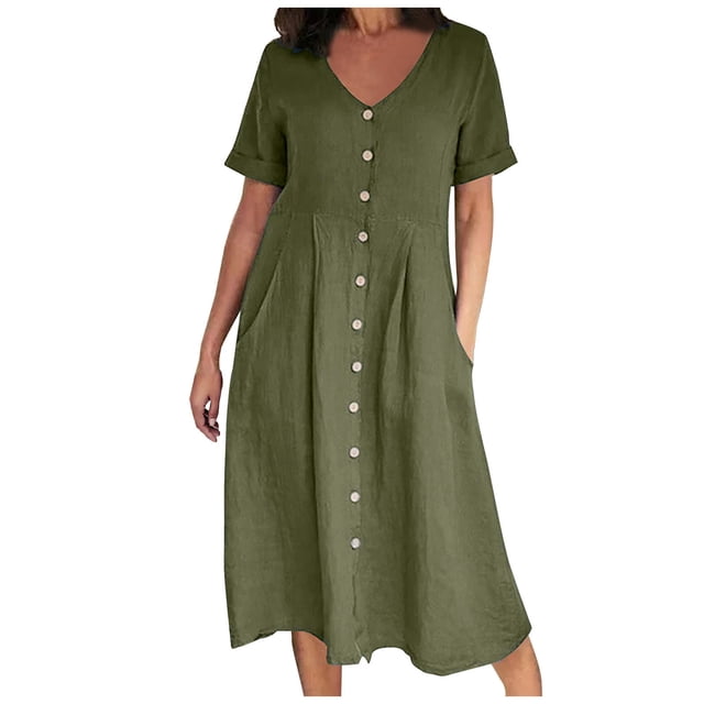 Cameland Mode Femme Été Décontractée Col en V Uni Manches Courtes Bouton Poche Robe en Coton et Lin