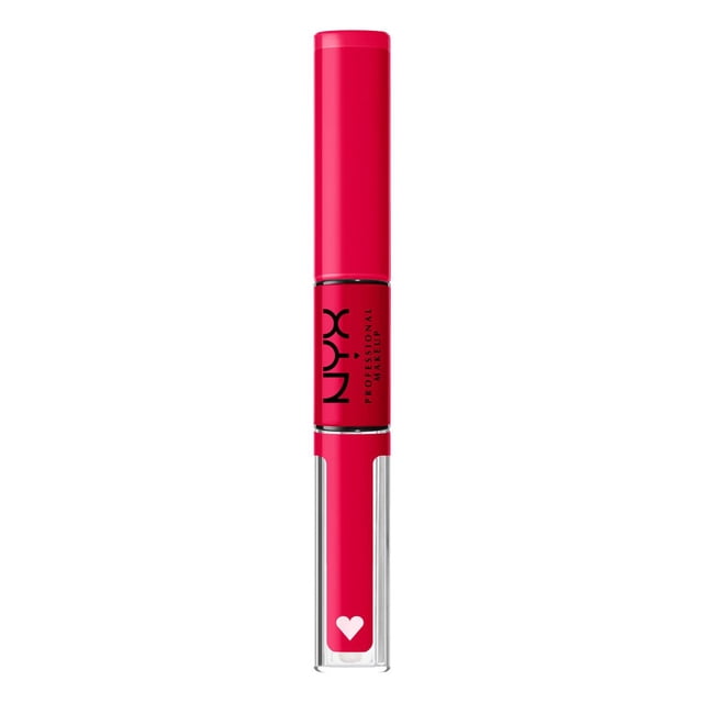 Shine Loud, High shine lip colour, 16HR wear, Vegan Formula by NYX Professional Makeup, dual-ended tube with bright red pigmented base coat and clear glossy top coat, featuring black logo text on red midsection and white heart icon on transparent bottom cap, designed for long-lasting, non-sticky shine lip makeup suitable for vibrant everyday wear.