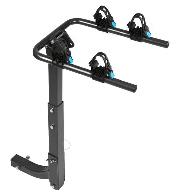 Galaxy Auto Swing Away Hitch Mount Bike Rack for 2 Bikes, designed for 2-inch receivers. The black powder-coated steel construction resists rust and corrosion. Features adjustable cradles with rubberized pads to protect bike finishes, folding arms for compact storage, and a swing-away design for rear vehicle access. Includes installation tools.