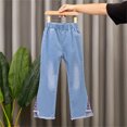 thumbnail image 2 of Kids Flare Jeans Bow-Knot Bell Bottom Wide Leg Denim Pants Elastic Waist Long Pants with Pockets, 2 of 7