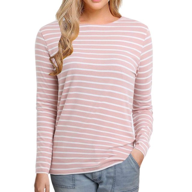 Jienlioq Hauts Grande Taille pour Femmes Mode Décontractée Couleur Unie Imprimée Col en V Manches Longues Blouses Rayées Décontractées T-Shirt Col Rond