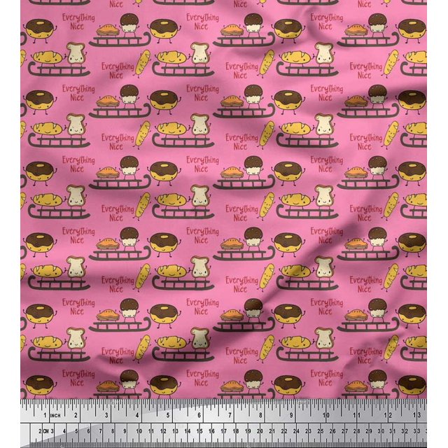 Soimoi Silk Fabric Sleigh,Bread & Hot Dog Food Decor Fabric Printed Yard 42 Inch Wide
