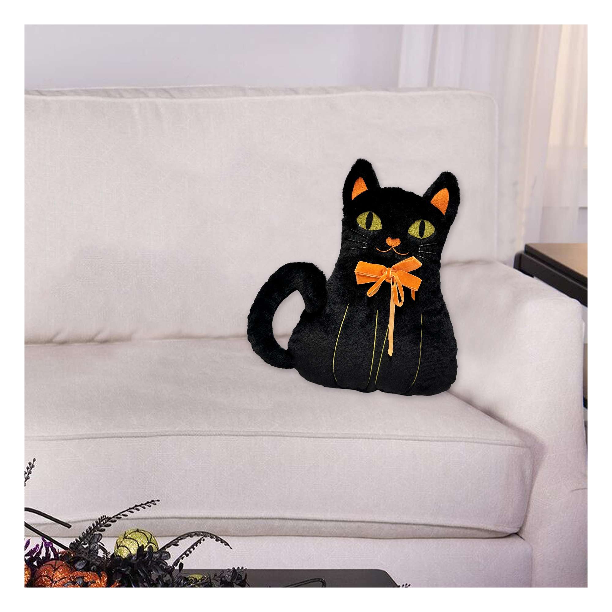 Way-To-Cel PL Oreiller en forme de chat noir, hauteur 15 pouces, couleur noir et orange