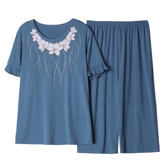 Birdeem Ensemble Deux Pièces d'Été pour Femmes, Ensemble de Pyjama à Manches Courtes et Col Rond, Hauts Imprimés et Pantalon