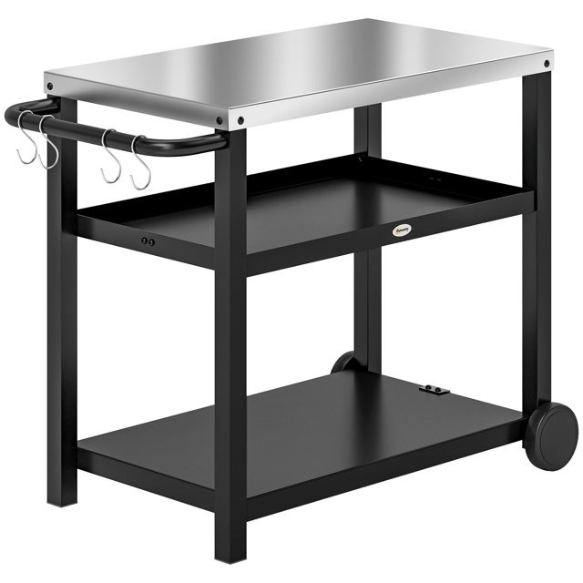Outdoor Grill Dining Cart with Stainless Steel Top, 3-Shelf BBQ Food Prep Table & Pizza Oven Stand, Movable Kitchen Island with Hooks and Wheels, Charcoal Grey, 40.2"W x 31.9"H