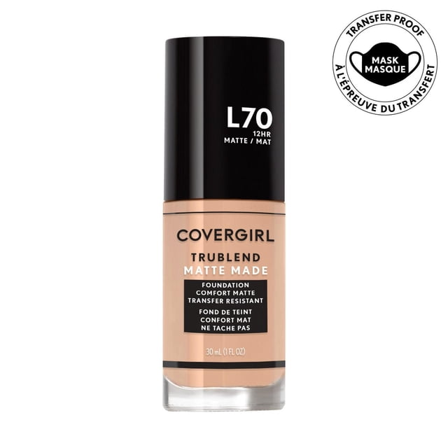 COVERGIRL Trublend Matte Made Foundation in shade L70, 30 ml liquid foundation with a black cap, providing a comfortable, oil-free matte finish that is transfer-resistant and lasts up to 12 hours, ideal for normal to oily skin and minimizing pores and imperfections.