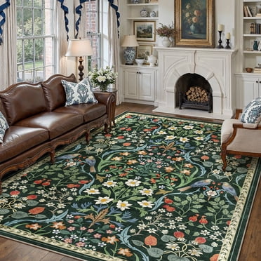 BERTHMEER 5'x7' Area Rugs for Living Room Bedroom Kitchen Farmhouse Rugs Non Slip Washable Floral Vintage Green Carpets Oriental Flower Office Dorm Dining Room Throw Rugs, Multicolor