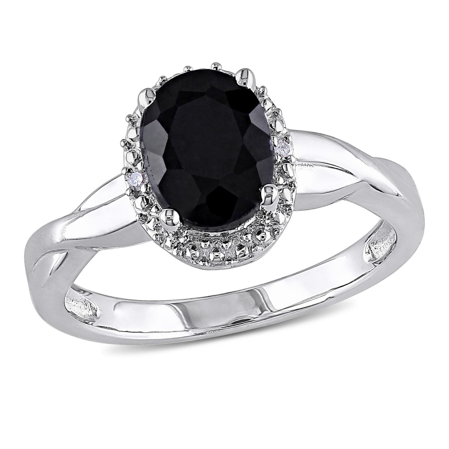 Bague entrecroisée de forme auréole avec saphir noir 1,60 CT PBT et accents de diamants, en argent sterling